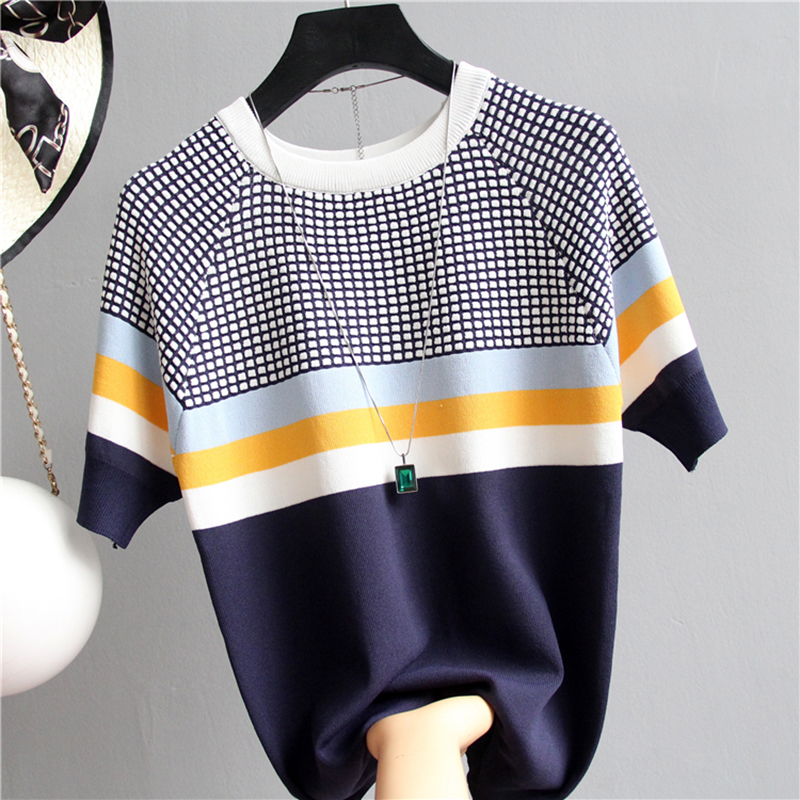 shintimes Plaid T Shirt Women Striped Tshirt Knitted Cotton Korean T-Shirt Woman Clothes Tee Shirt Femme Camisetas Mujer 210306