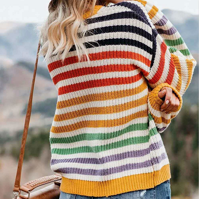 Autumn New Women's Long Sleeve Stripes Knitted round Neck Fashion Wool Female Knitting Upperwaear pullover Sweater 201017