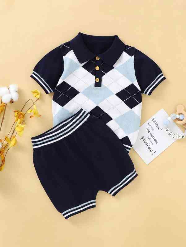 Baby Boy Argyle Pattern Polo Neck Knit Top With Knit Shorts SHE
