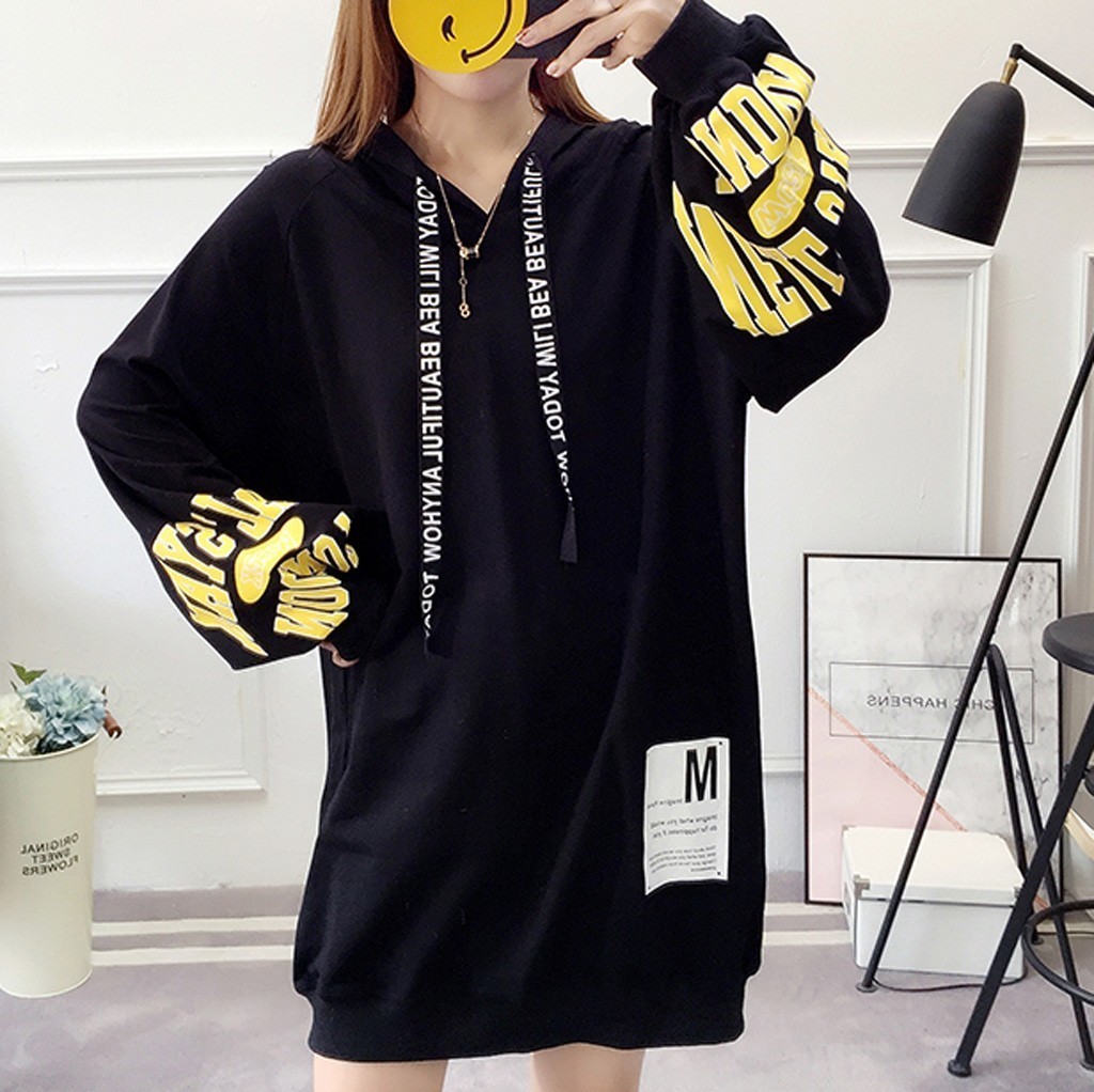 Letter Hoodie Dress Womens Pullover Loose Print Drawstring Long Sleeve Long korean Hoodie Sweatshirt Tops sudaderas para mujer LJ201103