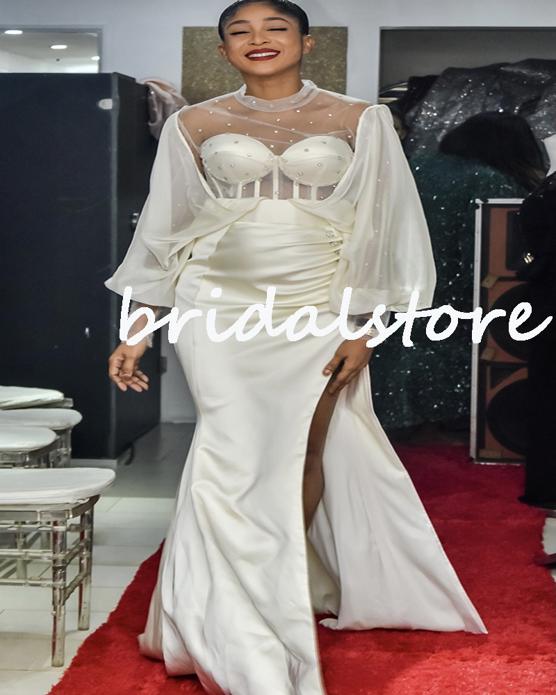 Puff Sleeve African Evening Dress 2022 With Pearls Sheer Neck Mermaid Plus Size Prom Dresses With Slit For Black Girls Formal Special Occasion Second 