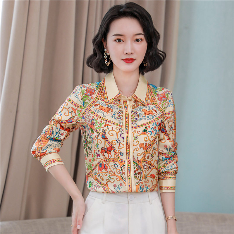 Luxury Satin Printed Runway Shirt 2023 Designer Long Sleeve Office Lady Elegant Button Up Blouse Spring Autumn Winter Vintage Fashion High-End Slim Sw