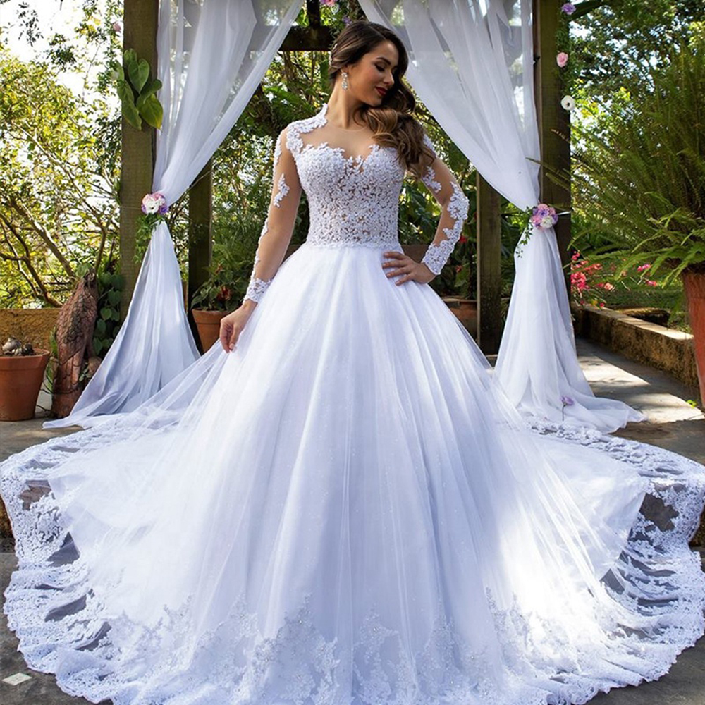 Vintage Chapel Train A Line Wedding Dresses Bridal Gowns Bright White Long Sleeves Lace Appliqued Luxury Beads Formal Bride Dress Tulle Robe De Marria