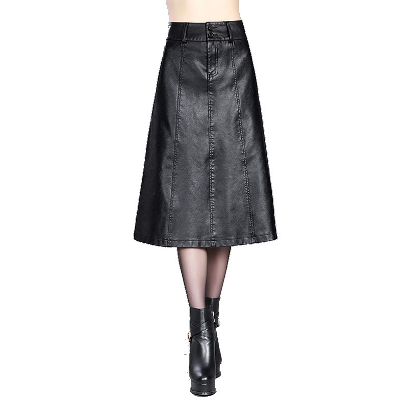 women Winter midi skirt spring womens high waist PU leather skirt faldas vintage saias plus size M4XL 210306
