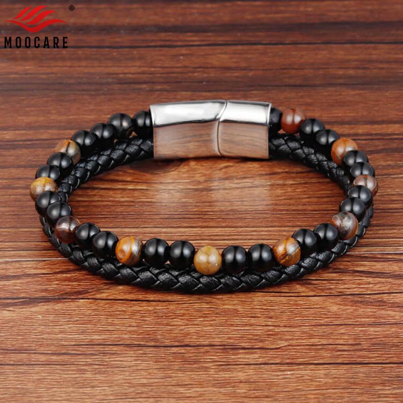 Charm Bracelets Moocare Women Men Jewelry Strand Match With Stainless Steel Magnetic Clasp Stone Leather Bracelet Male Female