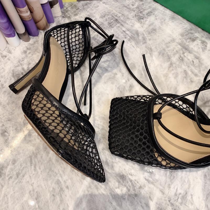 Fishnet Women Sandals High Heels Lace up Sandalias De Las Mujeres Square Toe Sandale a Talon Hollow Summer Shoes Stiletto Pumps
