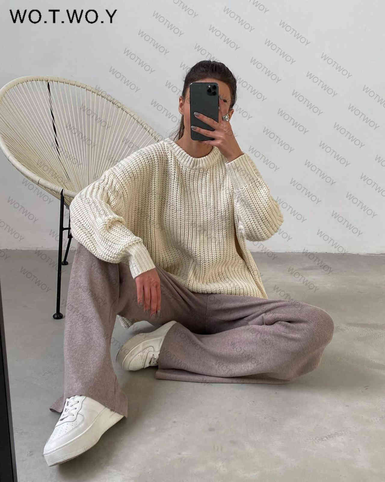 WOTWOY Autumn Winter Thickening Oversized Sweater Women Long Sleeve Casual Loose Pullovers Female Cashmere Solid Knitted Tops 211123wtt