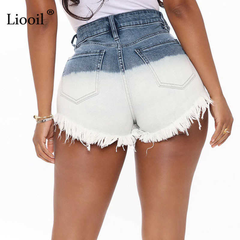 Liooil Patchwork Hole High Waisted Ripped Short Jeans with Tassel Women Button Zipper Pockets Washed Distressed Sexy Shorts 210611