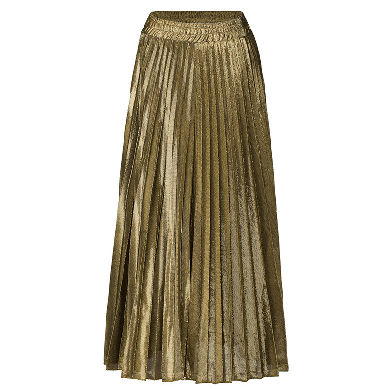 LANMREM autumn fashion women clothes high waist Aline pleated sliver vintage elastic long halfbody skirt WH28501XL 210306