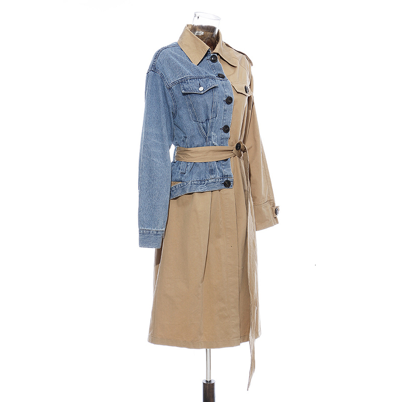 TWOTWINSTYLE Asymmetrical Patchwork Denim Women's Trench Coats Lapel Collar Long Sleeve Loose Female Windbreaker Autumn New 210218