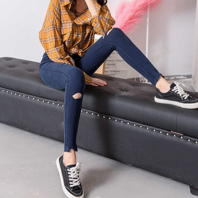 Summer Plus Size High Waist Skinny Denim Jeans Pant Ripped Hole Strechy Pencil Trousers Black Jeggings for female 210809