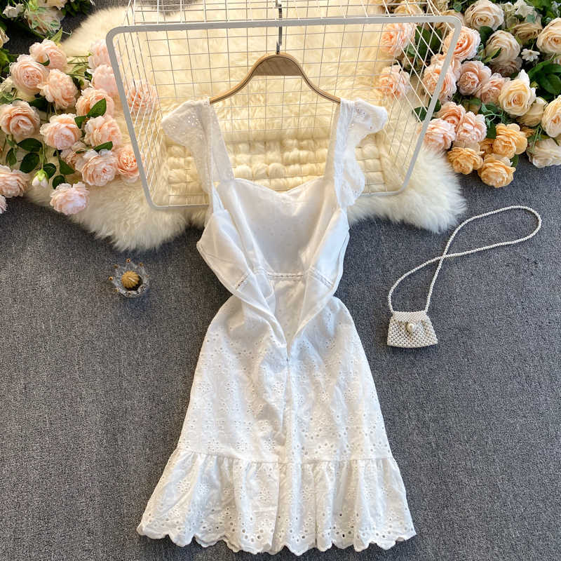 Spring Summer Fashion Women Lace Square Neck Backless Ruffled Sleeve Slimming Dress Solid Color Elegant Vestidos R327 210527