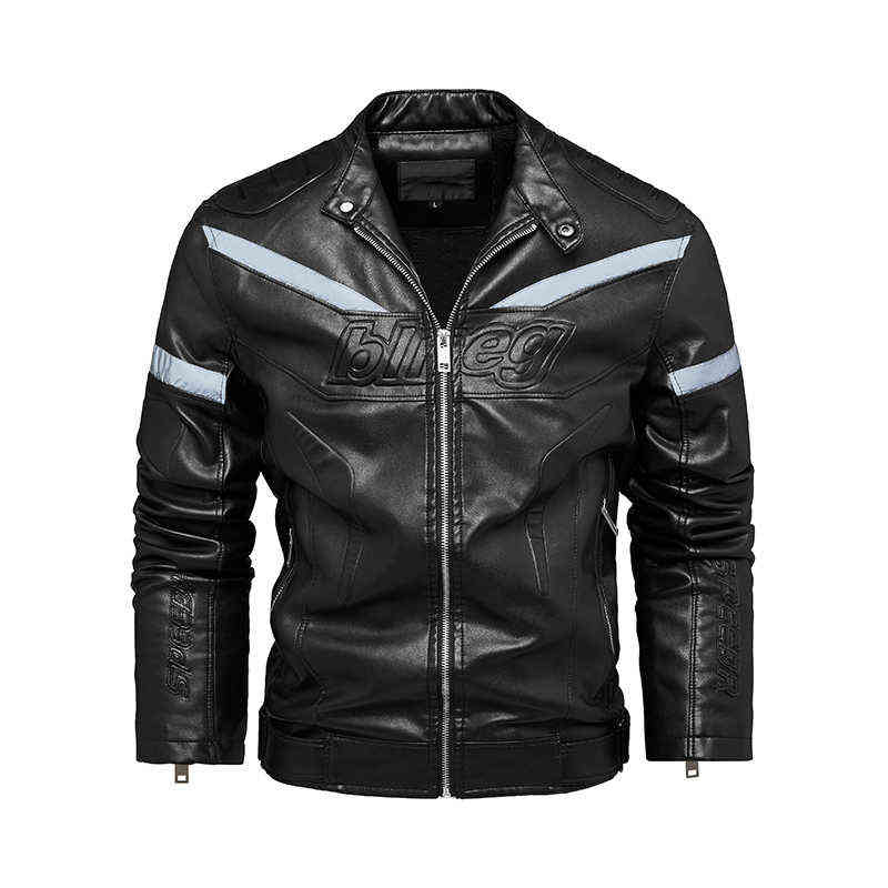 Men's Fashion PU Leather Jacket Night Reflective Motorcycle Jacket Warm Patchwork Winter Coat with Zipper Pocket 211106