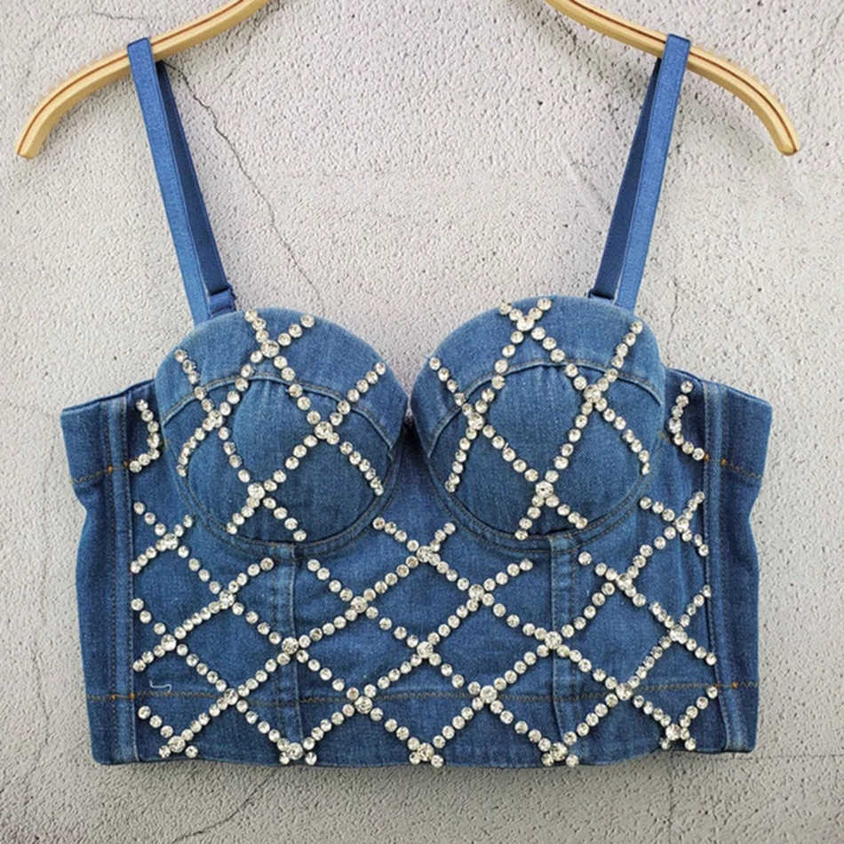 Denim Scratched Women's Spaghetti Strap Diamonds Ripped Push Up Bustier Night Club Party Crop Top Corset Camise Vest 210625