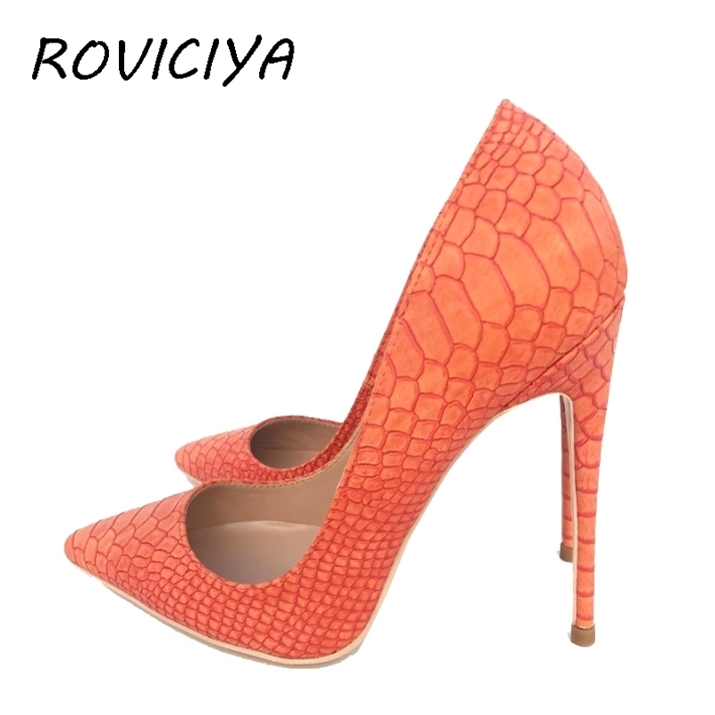 Orange Femmes Pumps Chaussures Snake's Motif pointu Toe Sexy High Heels 12 cm Designer Plus Taille YG020 Roviciya 210910