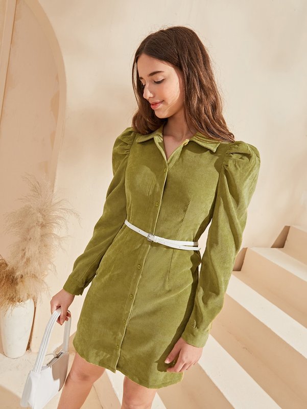 Teen Girls Collared Puff Sleeve Cord Shirt Dress Without Belt SHE