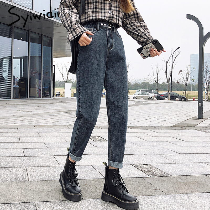 Gray high waist Mom jeans woman plus size boyfriend jeans for women denim pants Washed blue Harem Pants 0 spring summer 210302