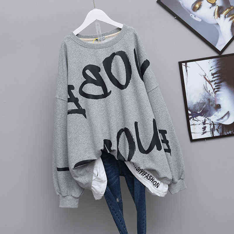 QWEEK Letter Print Crewneck Sweatshirt Women Spring Coat Oversized Hoodies Fashion Korean Style Kpop Long Sleeve Tops Women 211108