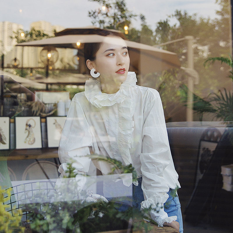 Neploe Ruffled Collar Women Blouse Shirt Long Butterflt Sleeve White Tops Spring Autumn Korean Causal Blusas Shirts 57189 210225