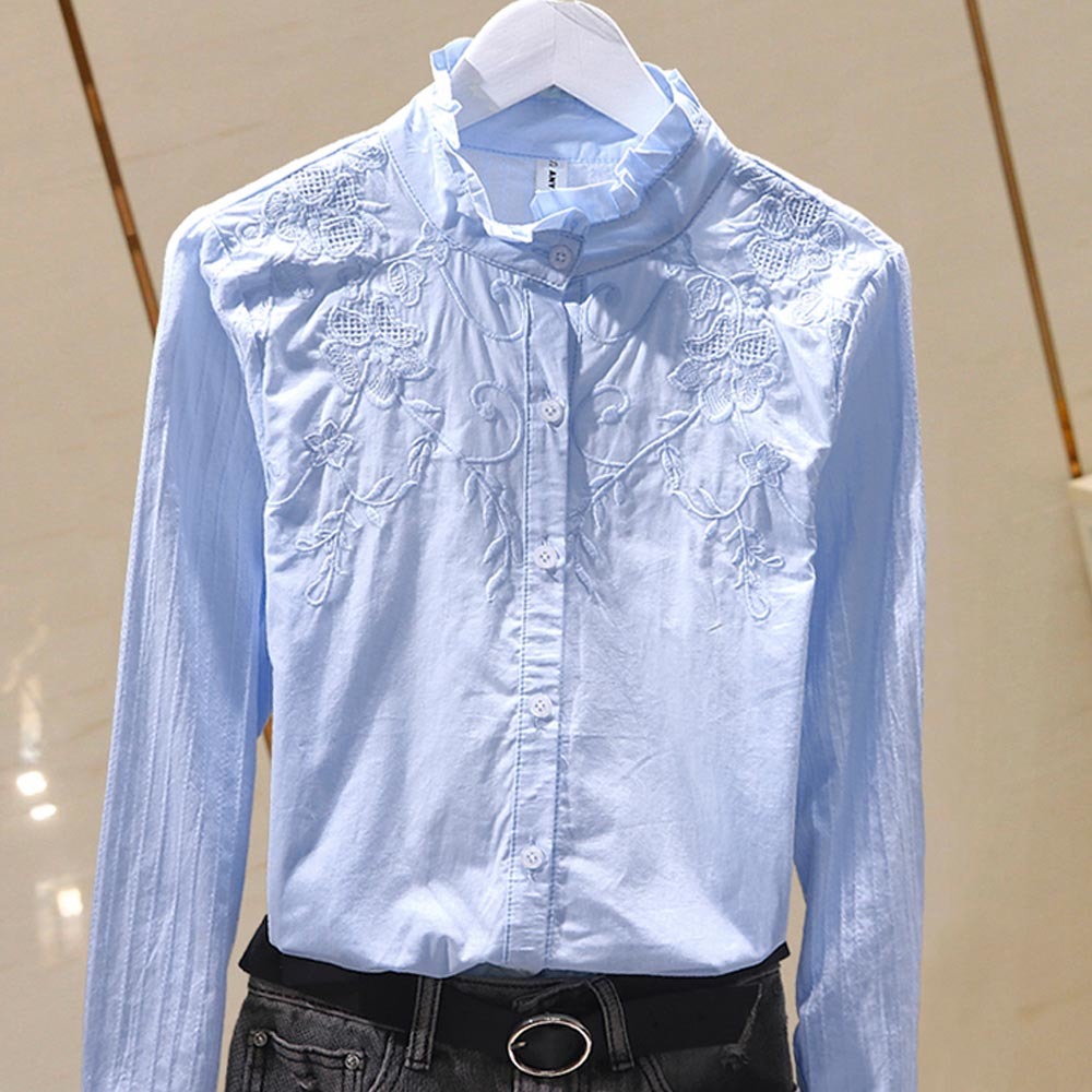 Summer Blouse Women Shirt Tops Cotton Korean Style Floral Embroidered Pleated Ruffle Stand Collar Casual Plus Size Clothes 210225