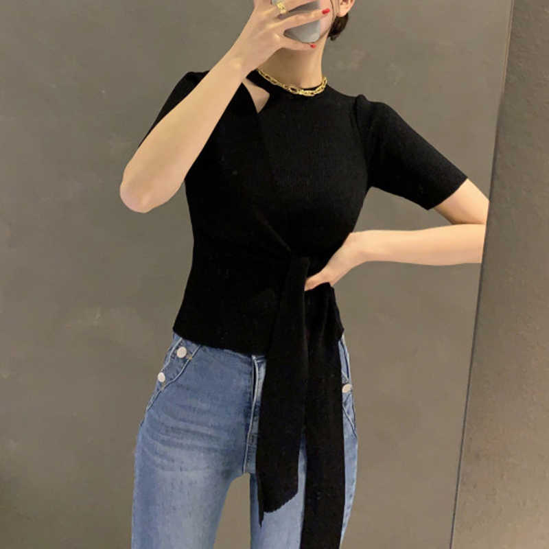 Korejpaa Women Sweater Summer Korean Gentle Round Neck Hollow Slim Fit Waist Belt Irregular Thin Ice Silk Knitted Pullovers 210526