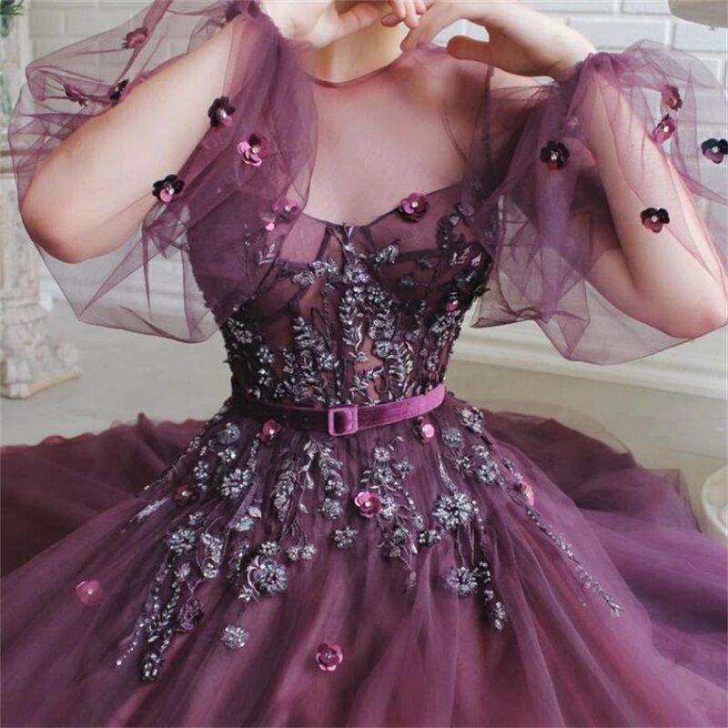 Floral Purple Prom Dresses With Belt Newest Beads Appliqued Lace Evening Dresses Long Sleeves Sweep Train A Line Party Gowns Custom Made