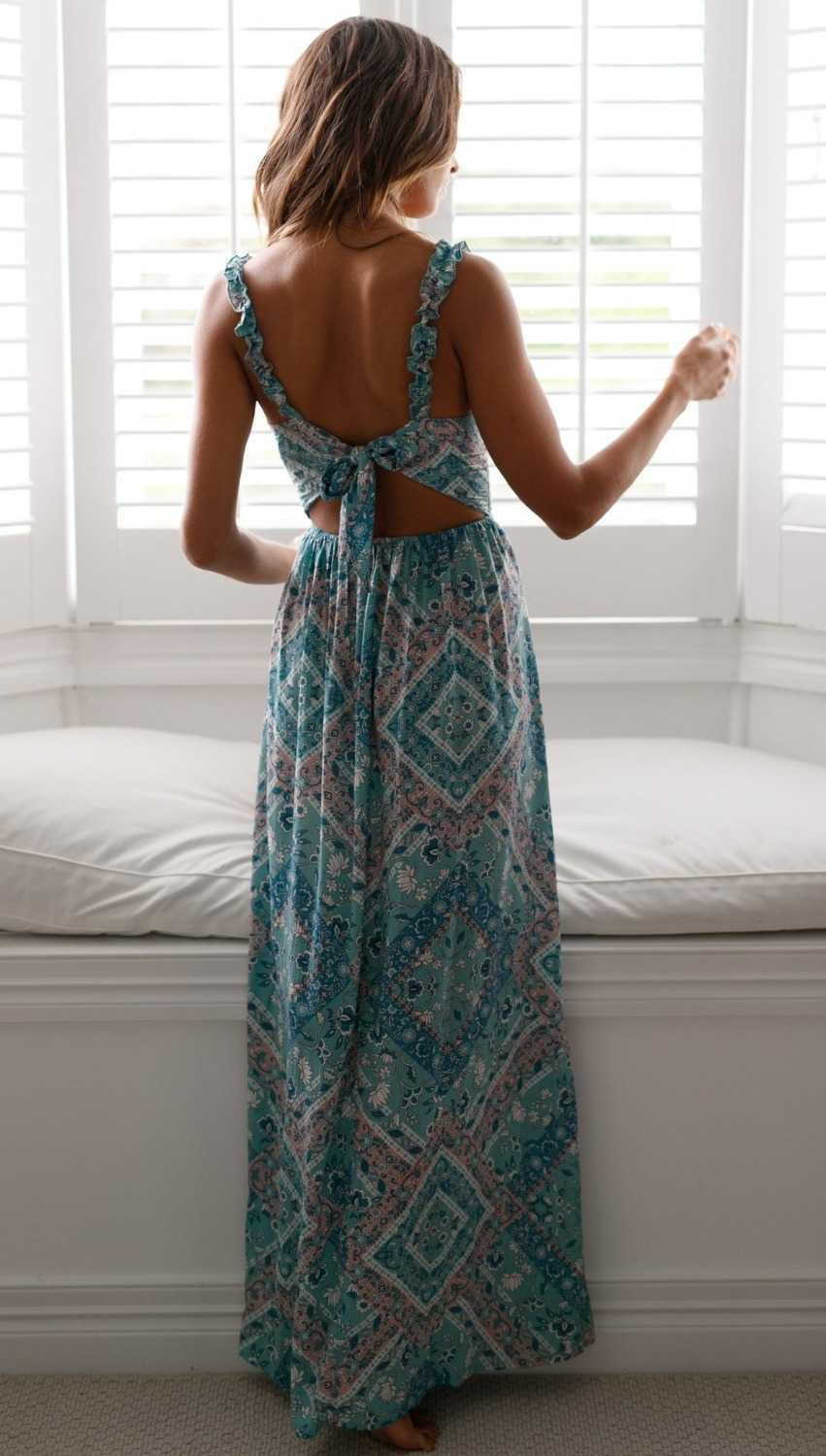 Spaghetti Strap Bohemia Womne Summer Dress Print Floral Sleeveless backless Elegant Sexy long Boho Beach Maxi 210526