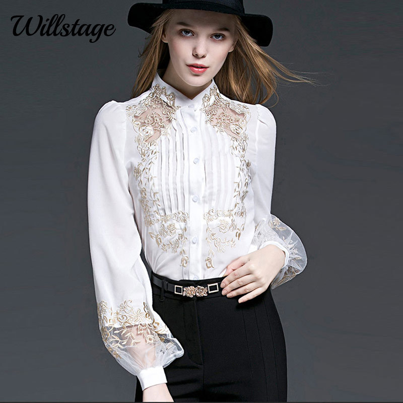 Willstage New Spring Blouse Women Floral Embroidery Long Sleeve Shirts Mesh Hollow out Office ladies OL Work Wear Black Top 210225