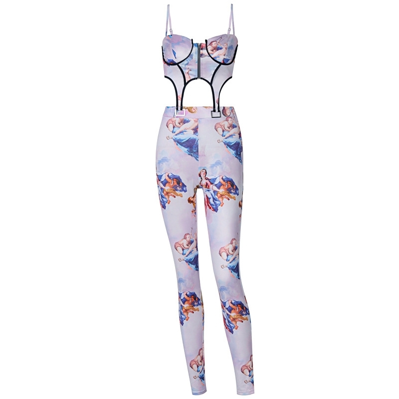 Europe and America spring zipper printing suspender vest pants casual suit for women 210602