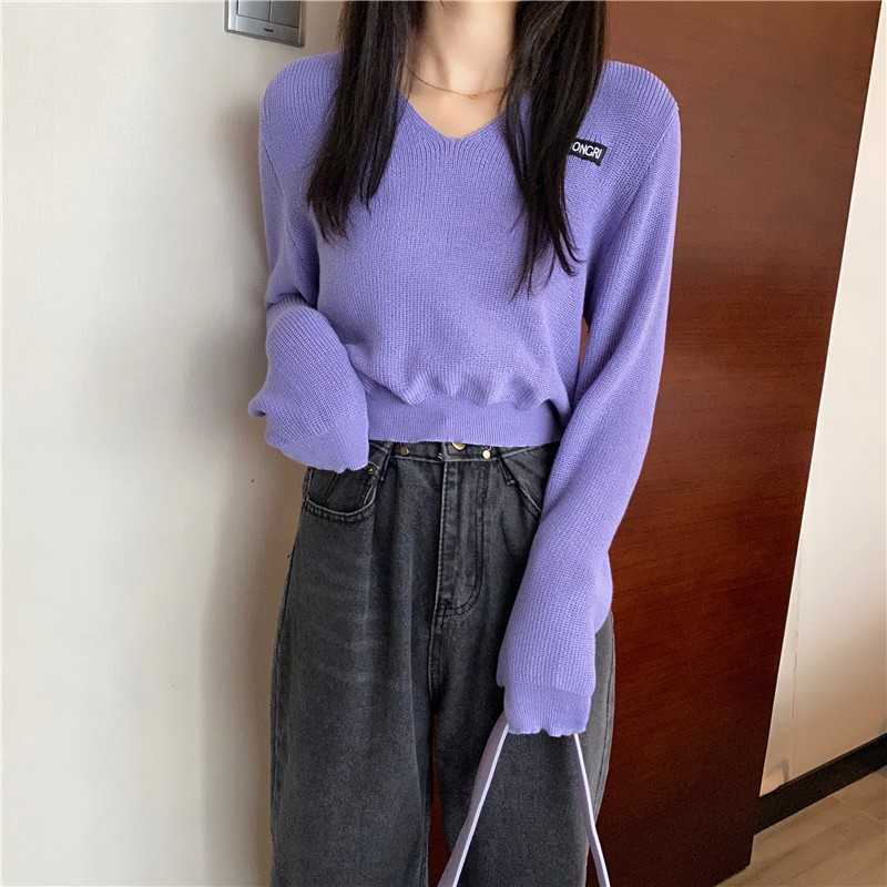 Yedinas Sexy V-Neck Lace Up Knitted Sweaters Women Autumn Long Sleeve Solid Crop Tops Spring Knitwear Japanese Ladies Jumper 210527