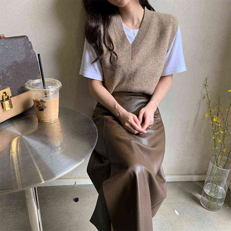 Seoulish Autumn Winter PU Leather Women's Long Skirt High Wasit Skirt Female Straight Side Split A-line Pencil Skirts 211119