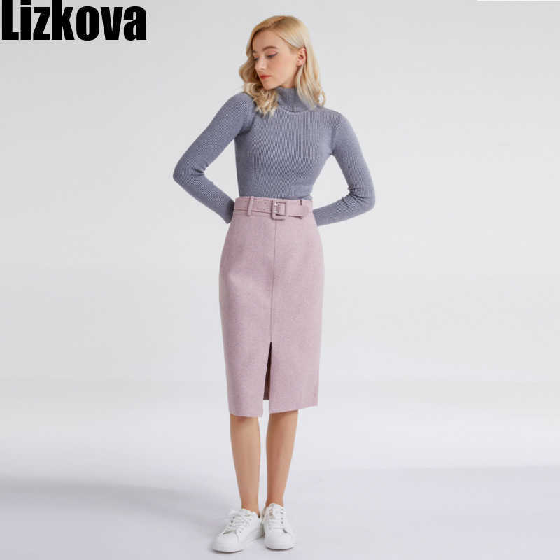 Lizkova Pink Pencil Skirt Winter Women High Waist Split Faldas With Belt Elegant Official Ladies Jupes 2810 210708