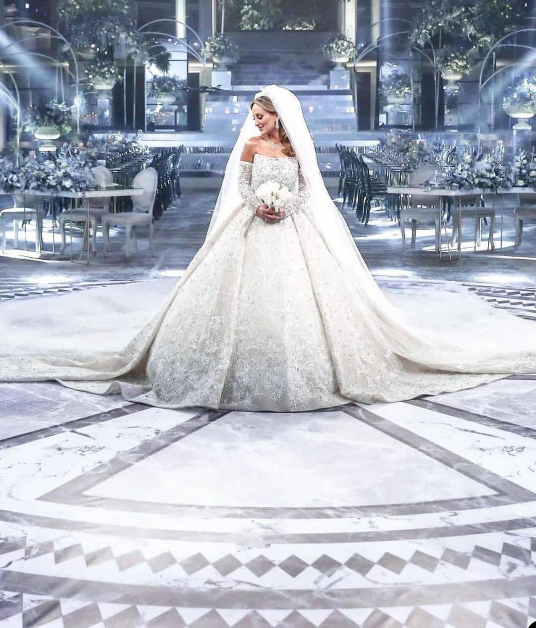 Saudi Arabia Full Beading Ball Gown Wedding Dress Off Shoulder Removable Long Sleeve Luxury Lace Sequins Appliques Bridal Gowns Crystal Bride robes de