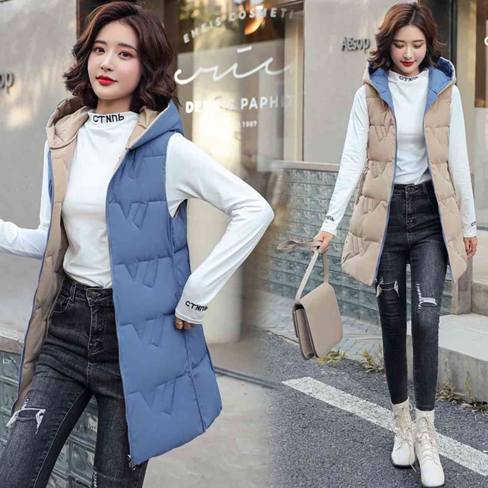 Hooded Long Winter Vest Women Sleeveless Jacket Two Sides Wear Warm Autumn Cotton Waistcoat Zipper Coat Outwear 211120