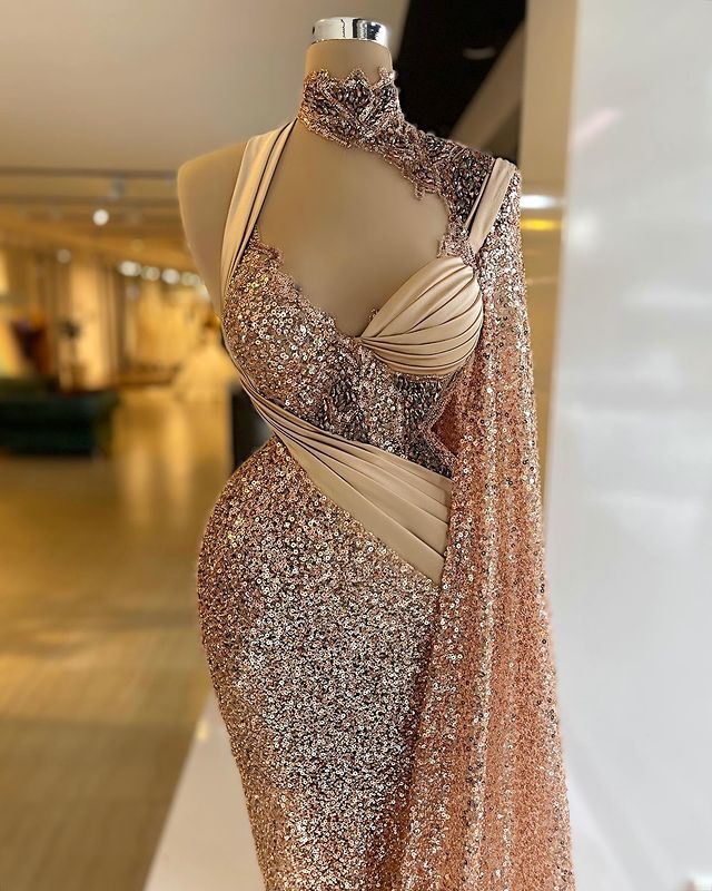 2022 Plus Size Arabic Aso Ebi Gold Mermaid Sparkly Prom Dresses Beaded High Neck Evening Formal Party Second Reception Gowns Dress ZJ11