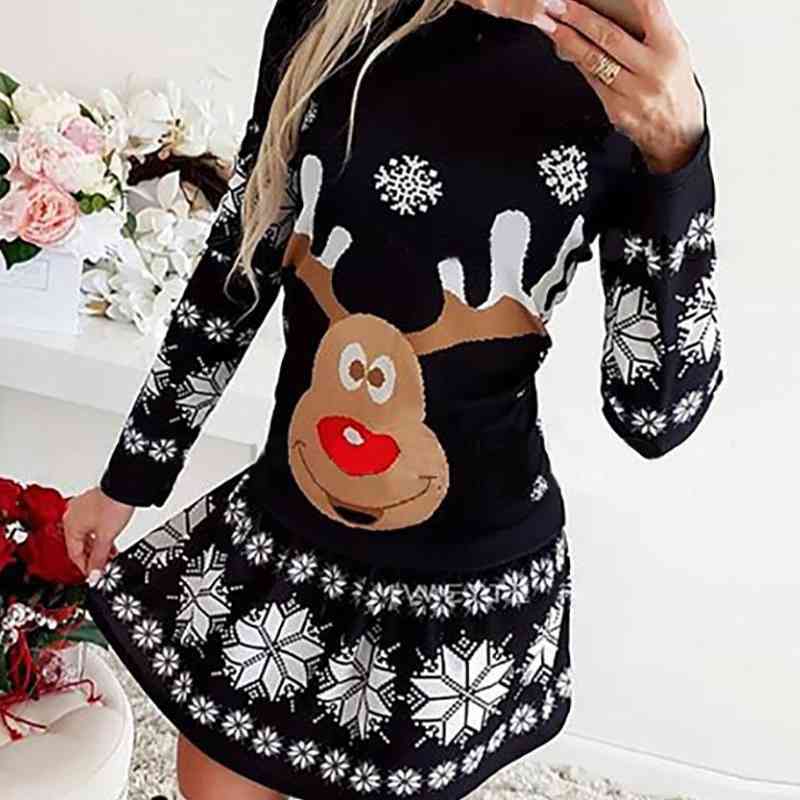 Autumn Women Elegant Mini Casual Dress Female O-Neck Stylish Christmas Moose Snowflake Print Long Sleeve Dress 210716