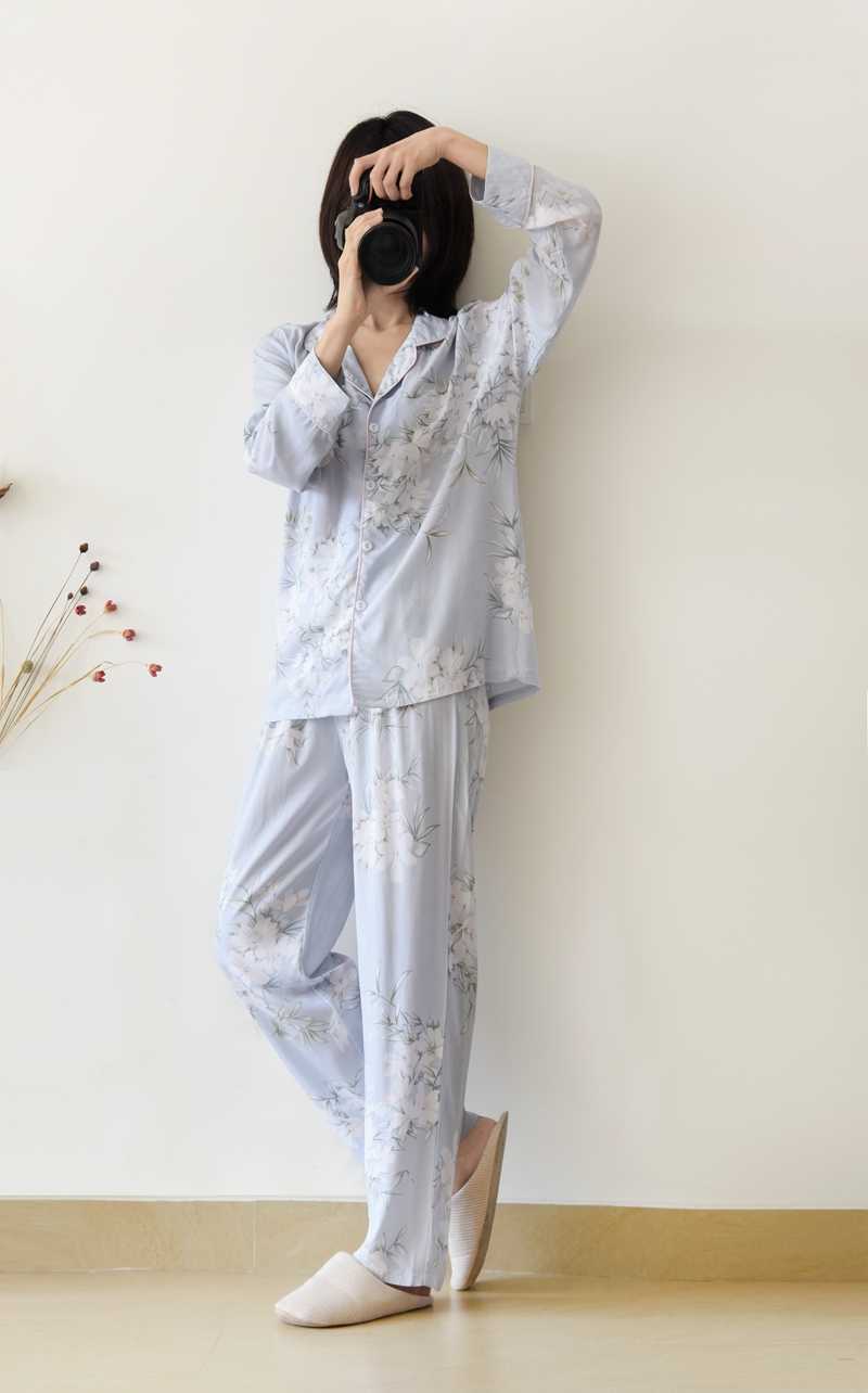 Japanese style spring and summer women's pajamas cotton silk long-sleeved trousers suit flower printing home service suit 210924