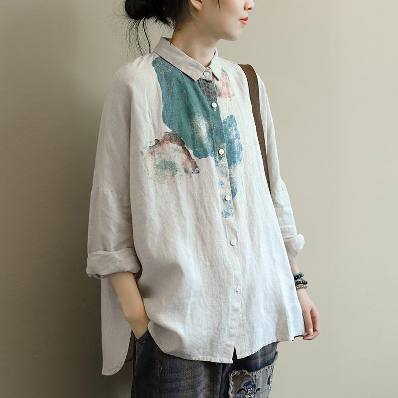 New Arrival Autumn Women Long Sleeve Loose Shirts Plus Size Arts Vintage Print Cotton Linen Casual Blouse Ladies Tops D405 210225