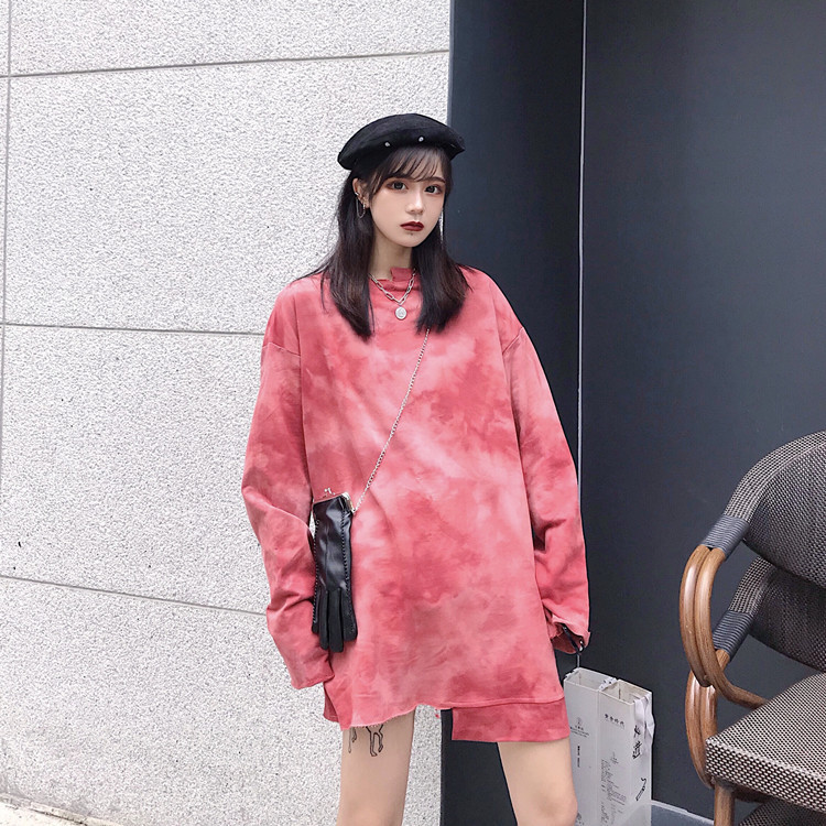 Harajuku Women shirt Streetwear Korean Style Loose Tie-dye hoodies Red Purple Blue O- neck Hip hop hoosies Femal Personality T200525