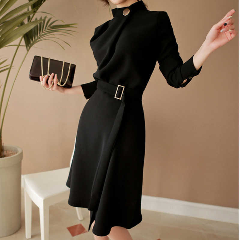 Elegant Women Autumn Winter Vintage Style Stand Collar Long Sleeve Casual Work Party Wear A-line Midi Flare Dresses 210603