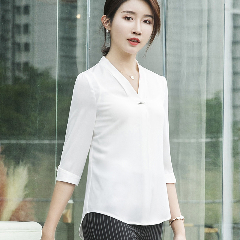 Fashion Women Chiffon Shirt New Summer V Neck Half Sleeve Slim Blouse Office Ladies Formal Plus Size Tops 210225