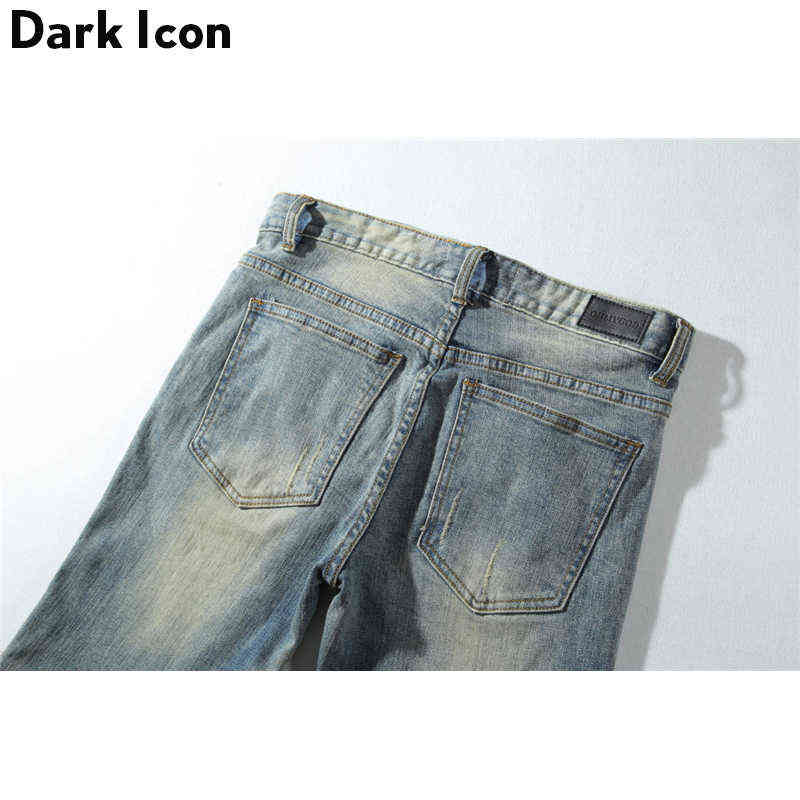 Dark Icon Pleated Knee Regular Hip Hop Jeans Men High Street Motorcycle Ankle Length Men's Denim Pants Full 211111