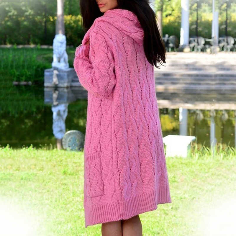 Autumn Lady Slim Fit Cardigan Long Pocket Grey Hooded Sweater Winter Clothes Women Knitted Casual Loose Femme Chandails 210604
