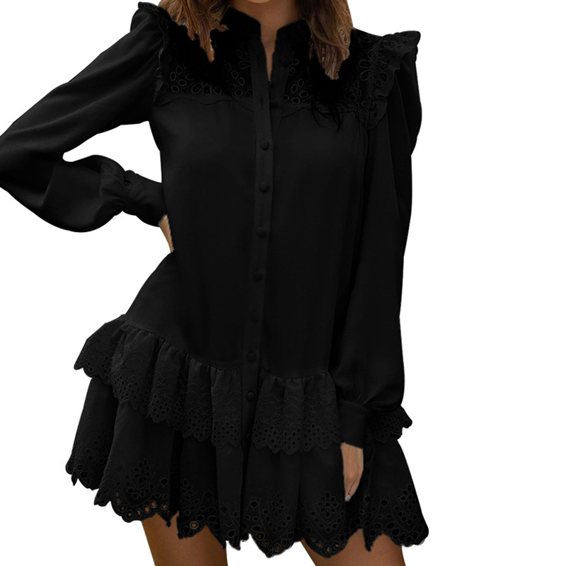 Women Solid Lace Shirt Dress Spring Elegant Ladies Stand Collar Hollow Out Single-Breasted Cascading Ruffles Mini Dresses 210309