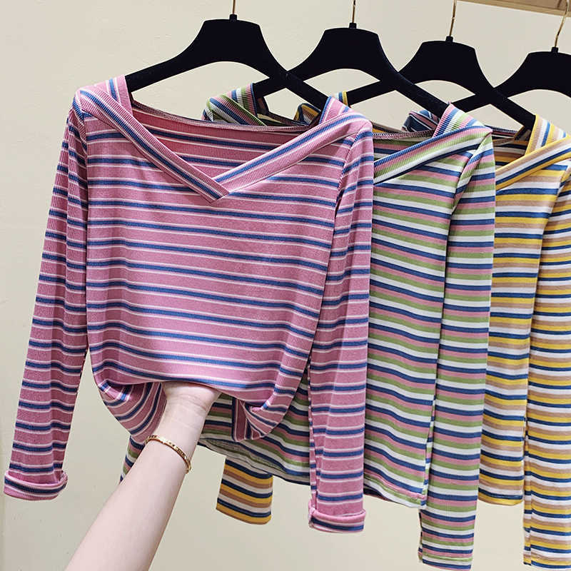 Long Sleeve T Shirt Women Spring Autumn Tops Striped Base Tees Female Casual V-Neck Pink T-Shirts Plus Size 210604, Pink stripe
Long Sleeve T Shirt Women Spring Autumn Tops Striped Base Tees Female Casual V-Neck Pink T-Shirts Plus Size 210604, Pink stripe