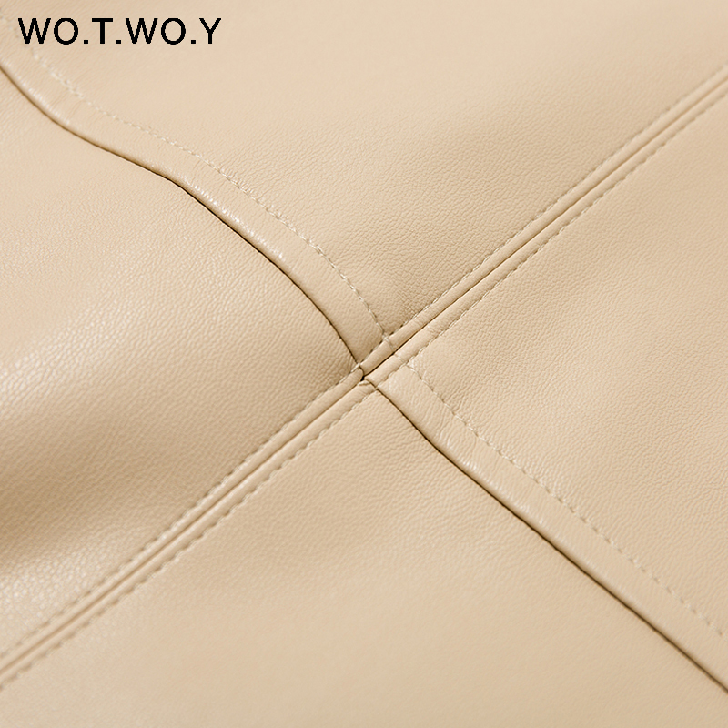 WOTWOY Elegant HighWaist Leather Skirt Women Solid MidCalf Womens Skirt Autumn Office Lady Straight Slim Fit Skirt Femme 210306