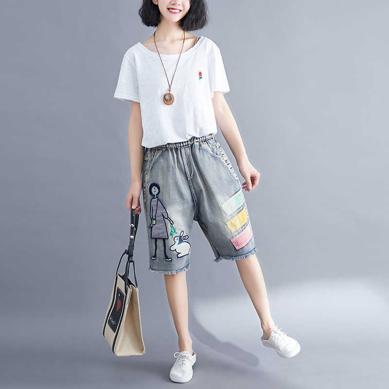 5176 Women Summer Streetwear Elastic High Waist Cartoon Embroidery Cute Korean Style Lady Female Oversized Loose Denim Shorts 210714