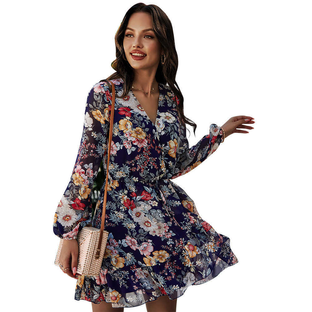Women Floral printed dress Spring Summer V-neck long sleeve chiffon A-line Casual Slim female mini holidays Dress 210524