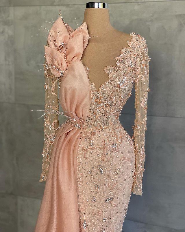Peach Pink Long Sleeve Prom Formal Dresses Sparkly Lace Beaded Illusion Mermaid Aso Ebi African Evening Gown WJY591