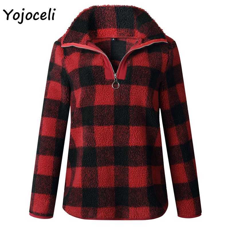 Yojoceli winter warm fleece sweatshirt streetwear women pullovers loose style plaid sweater 210609